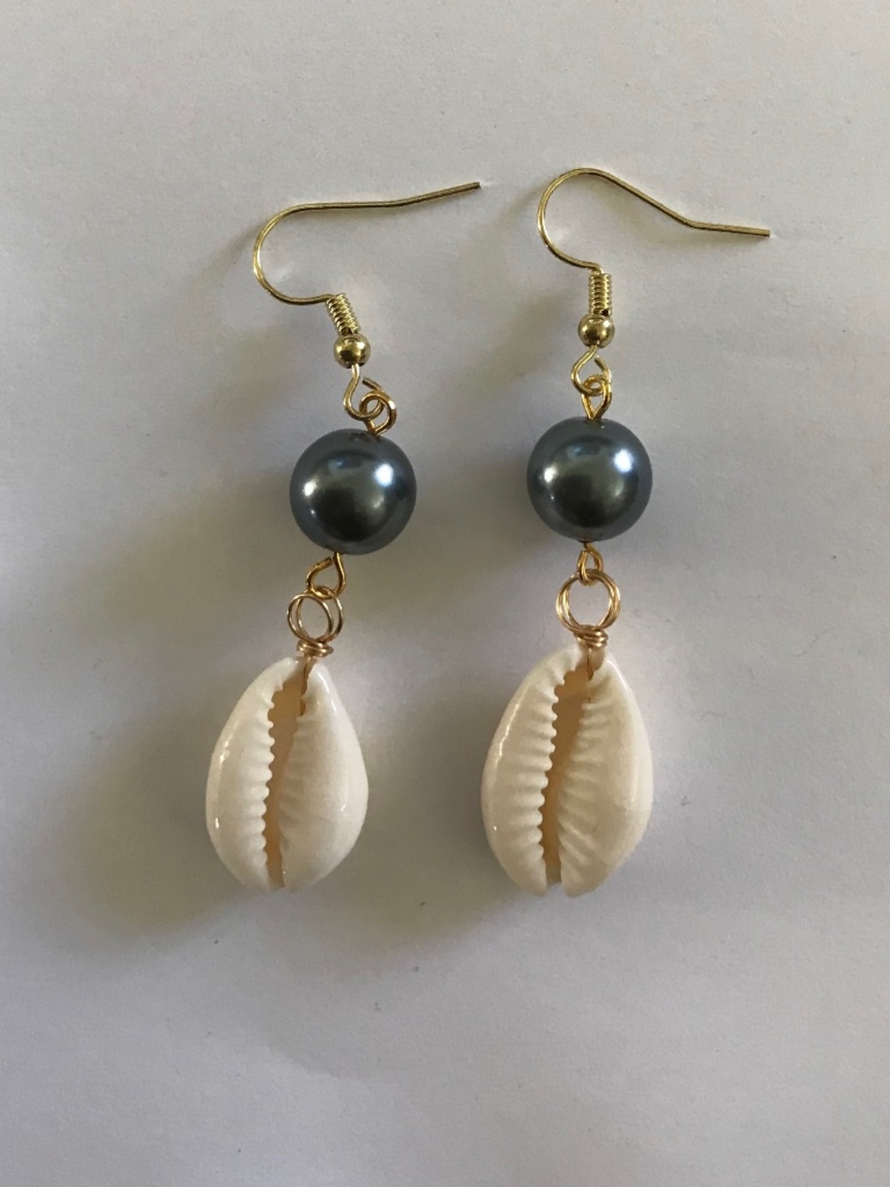Handmade Seashell Earrings with Faux Black Pearl